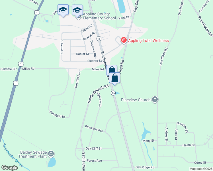 map of restaurants, bars, coffee shops, grocery stores, and more near 632 Satilla Church Rd in Baxley