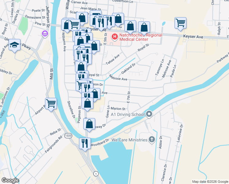 map of restaurants, bars, coffee shops, grocery stores, and more near 512 Hancock Avenue in Natchitoches