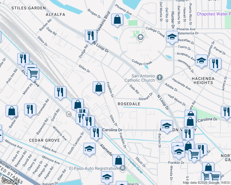 map of restaurants, bars, coffee shops, grocery stores, and more near 7376 Franklin Drive in El Paso