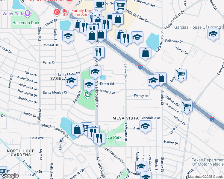 map of restaurants, bars, coffee shops, grocery stores, and more near 7919 Meraz Avenue in El Paso