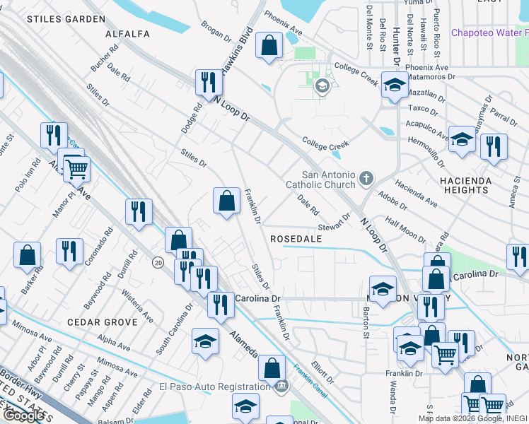 map of restaurants, bars, coffee shops, grocery stores, and more near 7376 Franklin Drive in El Paso