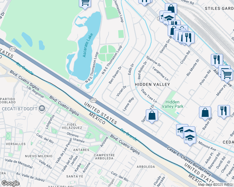 map of restaurants, bars, coffee shops, grocery stores, and more near 344 Vivian Drive in El Paso