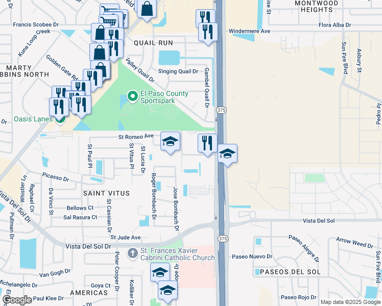 map of restaurants, bars, coffee shops, grocery stores, and more near 12311 Lorenzo Ruiz Avenue in El Paso