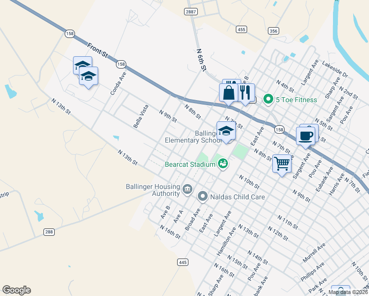 map of restaurants, bars, coffee shops, grocery stores, and more near 1002 Avenue C in Ballinger