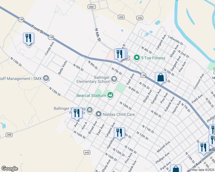 map of restaurants, bars, coffee shops, grocery stores, and more near 1605 North 9th Street in Ballinger