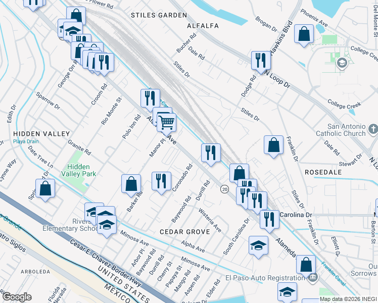 map of restaurants, bars, coffee shops, grocery stores, and more near 7277 Alameda Avenue in El Paso