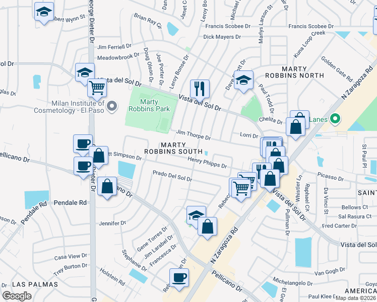 map of restaurants, bars, coffee shops, grocery stores, and more near 11769 Henry Phipps Drive in El Paso