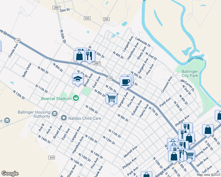 map of restaurants, bars, coffee shops, grocery stores, and more near 1203 North 7th Street in Ballinger