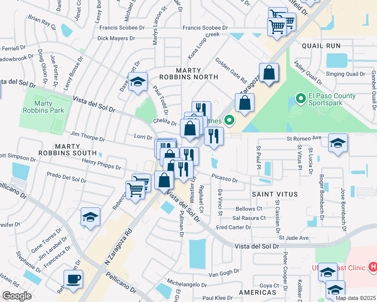 map of restaurants, bars, coffee shops, grocery stores, and more near 1621 North Zaragoza Road in El Paso