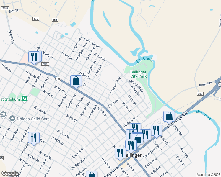 map of restaurants, bars, coffee shops, grocery stores, and more near 707 North 5th Street in Ballinger