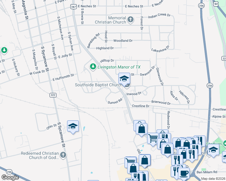 map of restaurants, bars, coffee shops, grocery stores, and more near 2 Sandy Lane in Palestine