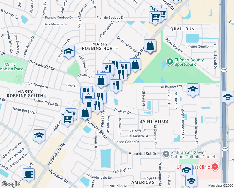 map of restaurants, bars, coffee shops, grocery stores, and more near 1640 North Zaragoza Road in El Paso