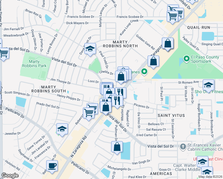 map of restaurants, bars, coffee shops, grocery stores, and more near 11832 Jim Thorpe Drive in El Paso