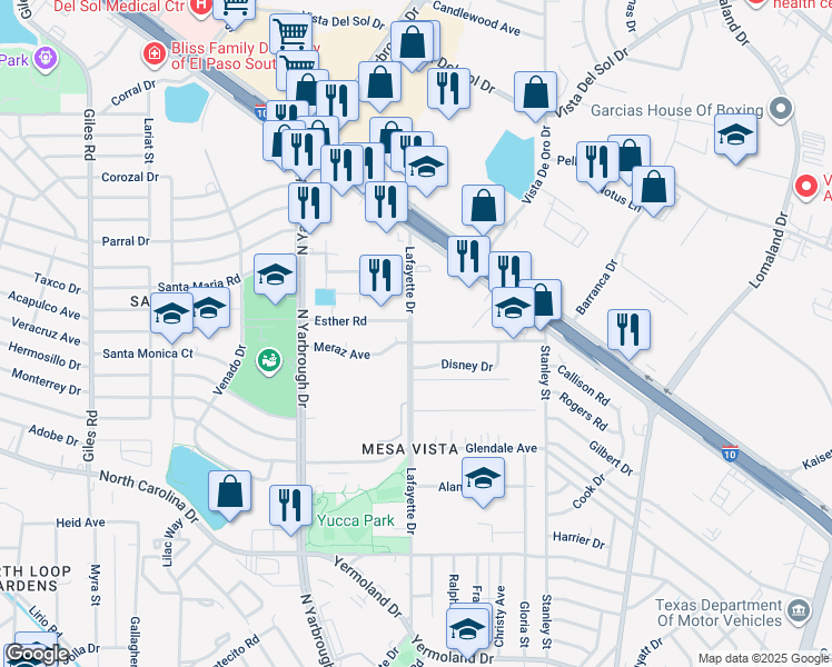 map of restaurants, bars, coffee shops, grocery stores, and more near 8008 Meraz Avenue in El Paso