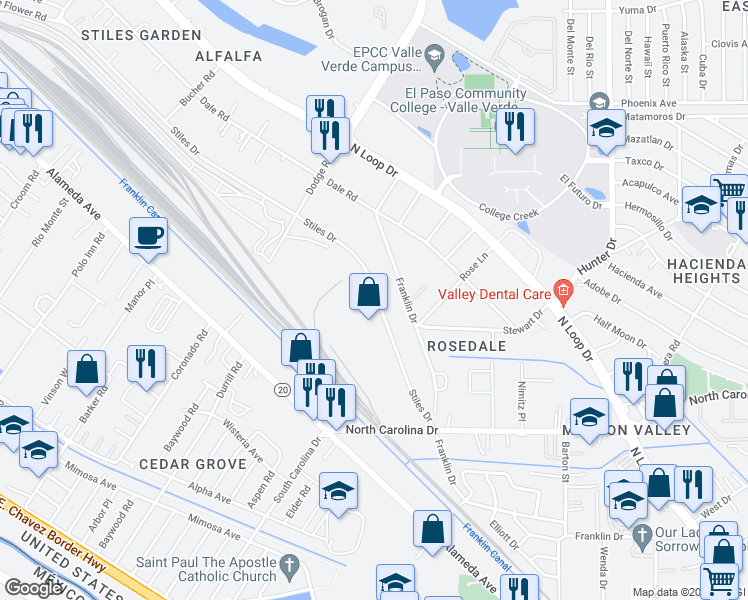 map of restaurants, bars, coffee shops, grocery stores, and more near 7360 Stiles Drive in El Paso