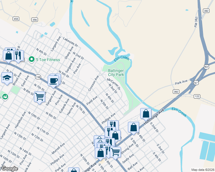 map of restaurants, bars, coffee shops, grocery stores, and more near 600 North 4th Street in Ballinger