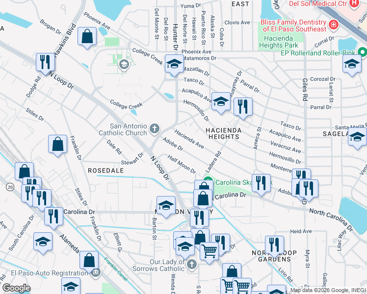 map of restaurants, bars, coffee shops, grocery stores, and more near 7543 Adobe Drive in El Paso
