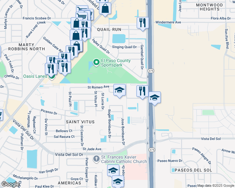 map of restaurants, bars, coffee shops, grocery stores, and more near 1671 Bob Hope Drive in El Paso