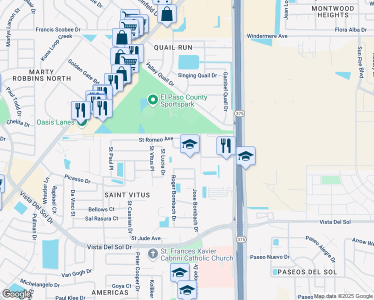 map of restaurants, bars, coffee shops, grocery stores, and more near 1671 Bob Hope Drive in El Paso