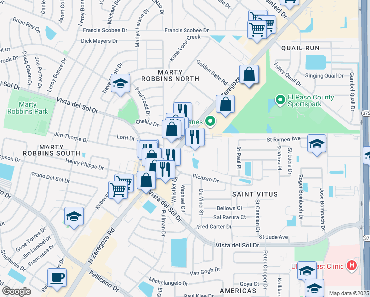 map of restaurants, bars, coffee shops, grocery stores, and more near 1640 North Zaragoza Road in El Paso