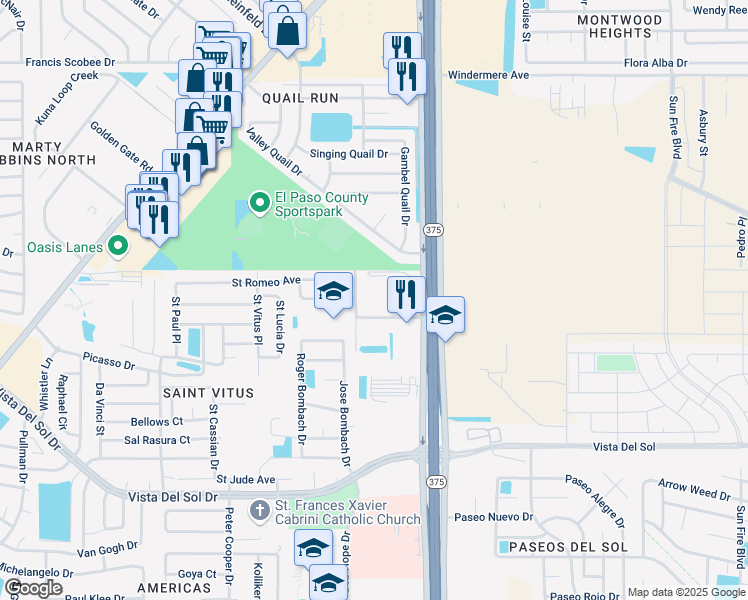 map of restaurants, bars, coffee shops, grocery stores, and more near 12311 Lorenzo Ruiz Avenue in El Paso
