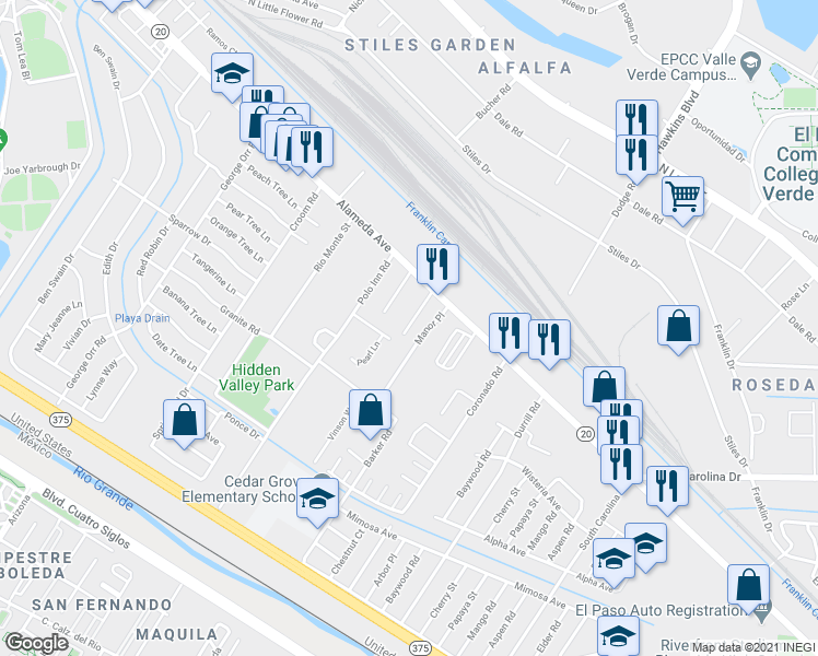 map of restaurants, bars, coffee shops, grocery stores, and more near 141 Manor Place in El Paso