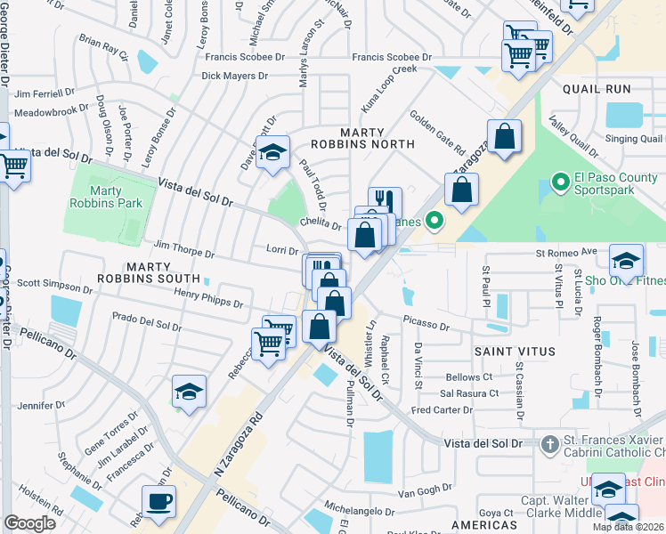 map of restaurants, bars, coffee shops, grocery stores, and more near 11836 Bruce Jenner Lane in El Paso
