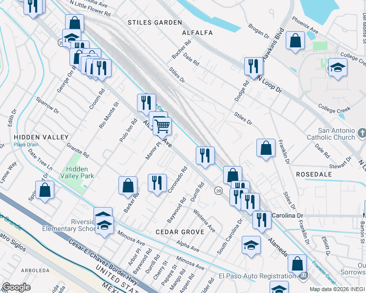 map of restaurants, bars, coffee shops, grocery stores, and more near 7265 Alameda Avenue in El Paso