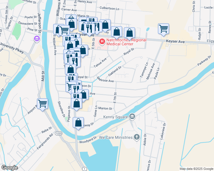 map of restaurants, bars, coffee shops, grocery stores, and more near 507 Melrose Avenue in Natchitoches