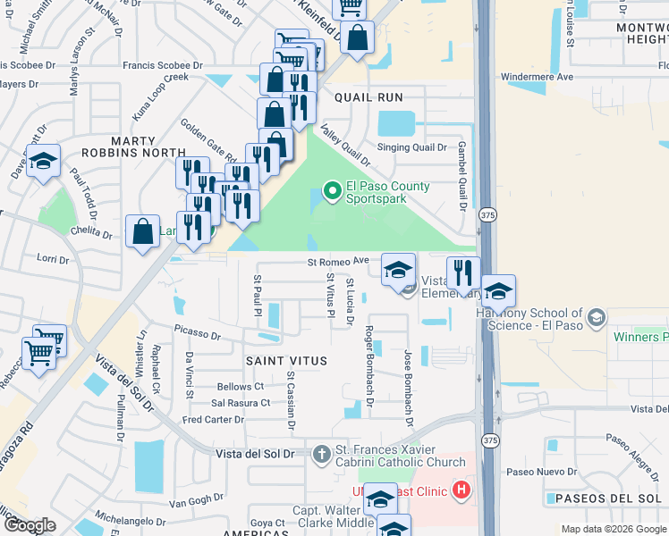 map of restaurants, bars, coffee shops, grocery stores, and more near 1220 Saint Vitus Place in El Paso