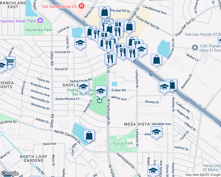 map of restaurants, bars, coffee shops, grocery stores, and more near 722 North Yarbrough Drive in El Paso
