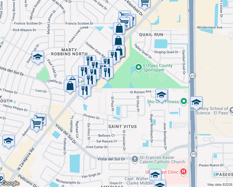 map of restaurants, bars, coffee shops, grocery stores, and more near 12109 Saint Romeo Avenue in El Paso