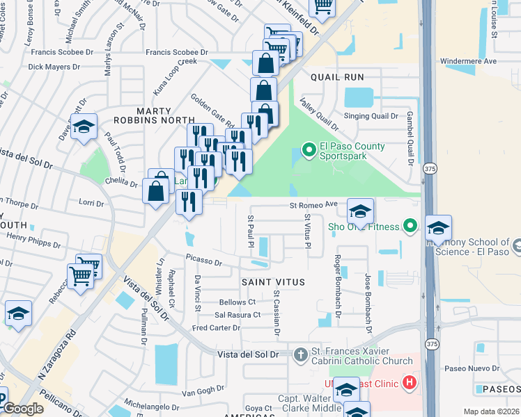 map of restaurants, bars, coffee shops, grocery stores, and more near 12109 Saint Romeo Avenue in El Paso