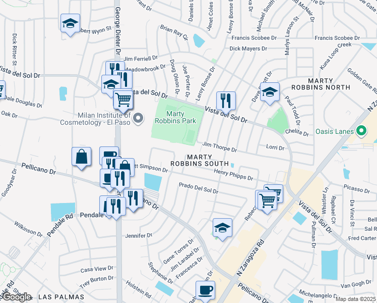 map of restaurants, bars, coffee shops, grocery stores, and more near 11725 John Polley Circle in El Paso