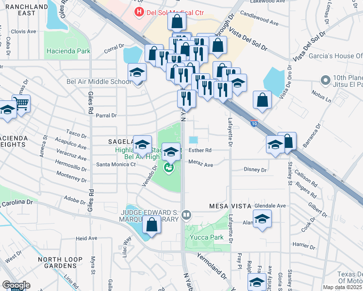 map of restaurants, bars, coffee shops, grocery stores, and more near 731 North Yarbrough Drive in El Paso