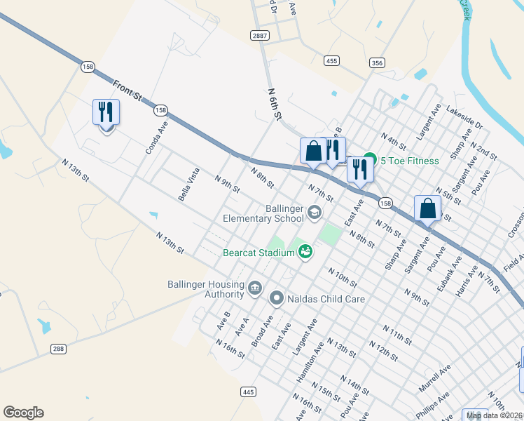 map of restaurants, bars, coffee shops, grocery stores, and more near 901 Avenue D in Ballinger