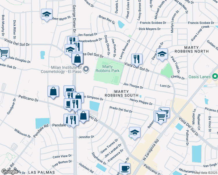map of restaurants, bars, coffee shops, grocery stores, and more near 11725 John Polley Circle in El Paso
