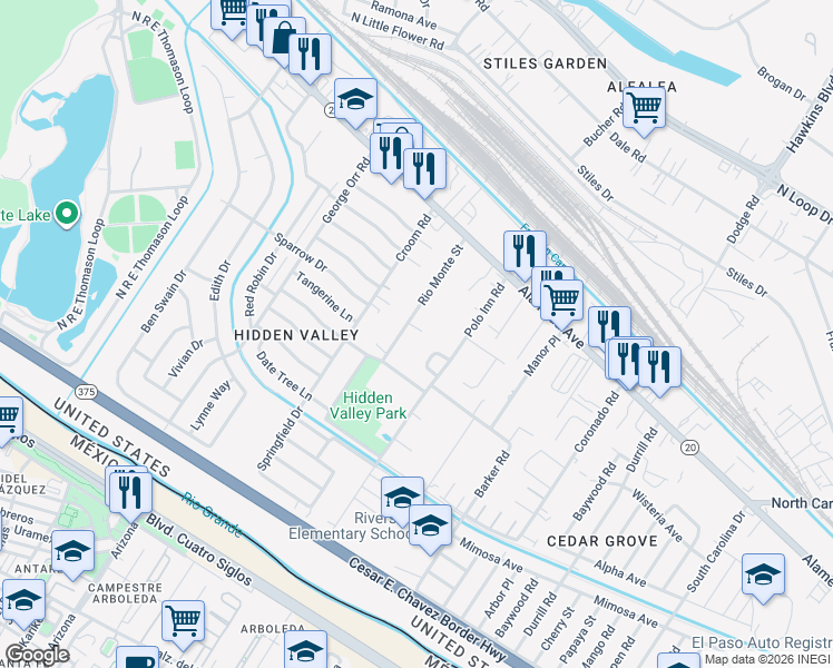 map of restaurants, bars, coffee shops, grocery stores, and more near 162 Rio Monte Street in El Paso