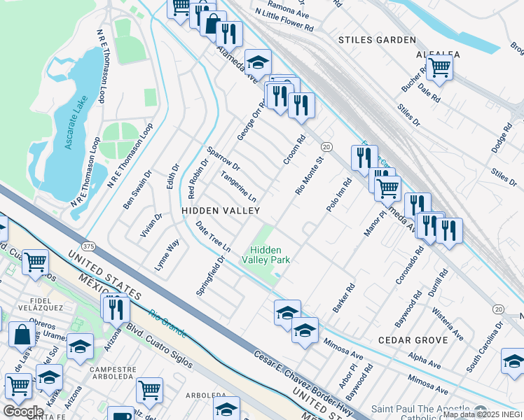 map of restaurants, bars, coffee shops, grocery stores, and more near 170 Croom Road in El Paso
