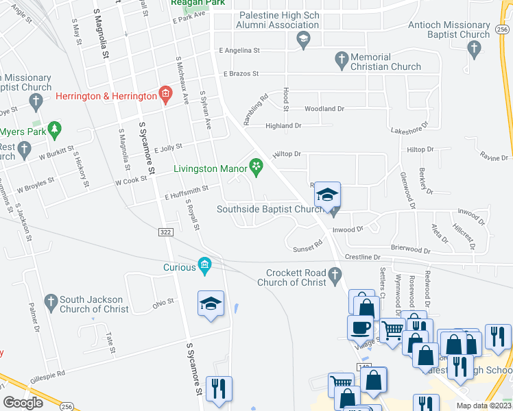 map of restaurants, bars, coffee shops, grocery stores, and more near 602 Gay Avenue in Palestine
