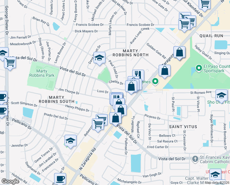 map of restaurants, bars, coffee shops, grocery stores, and more near 11805 Tracy Austin Lane in El Paso