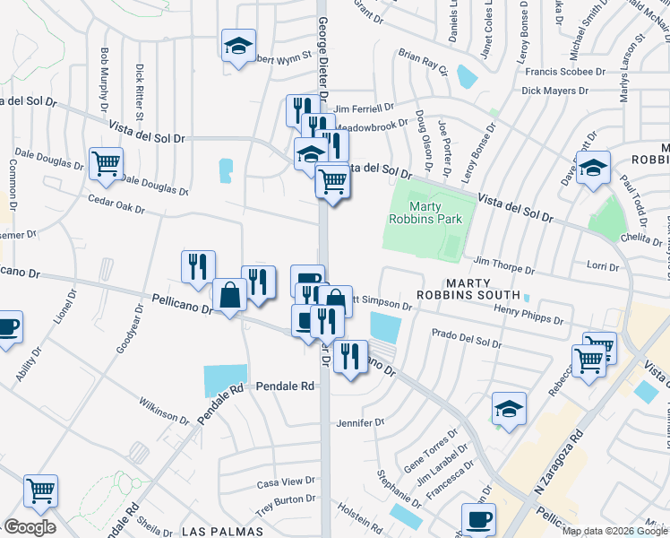 map of restaurants, bars, coffee shops, grocery stores, and more near 1531 George Dieter Drive in El Paso