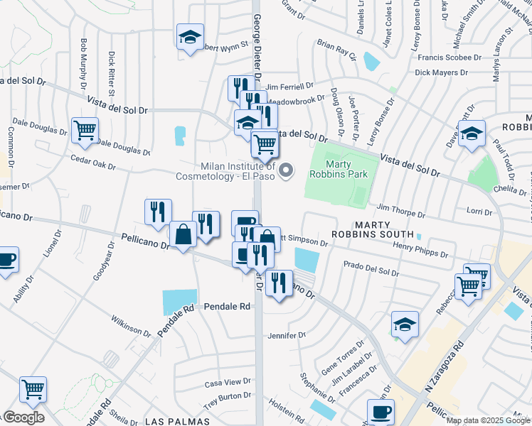 map of restaurants, bars, coffee shops, grocery stores, and more near 1531 George Dieter Drive in El Paso