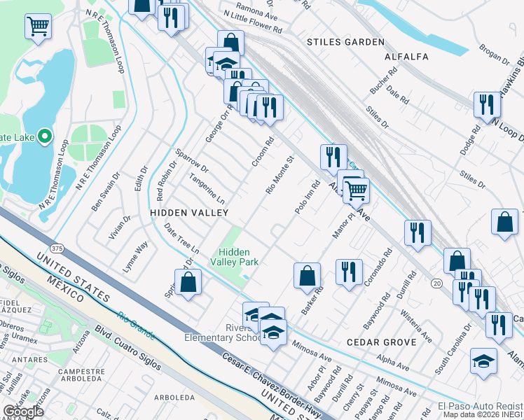 map of restaurants, bars, coffee shops, grocery stores, and more near 162 Rio Monte Street in El Paso