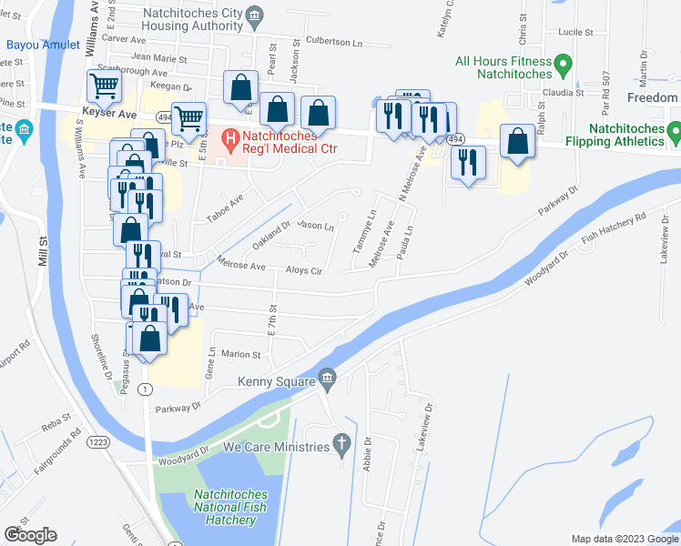 map of restaurants, bars, coffee shops, grocery stores, and more near Melrose Avenue in Natchitoches