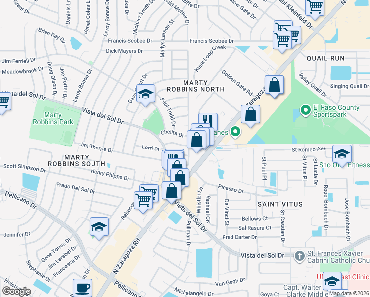 map of restaurants, bars, coffee shops, grocery stores, and more near 11836 Bruce Jenner Ln in El Paso