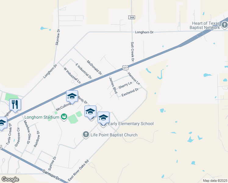 map of restaurants, bars, coffee shops, grocery stores, and more near 1214 Eastwind Drive in Early