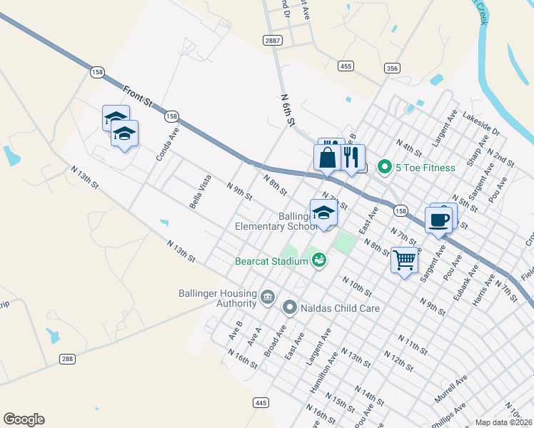 map of restaurants, bars, coffee shops, grocery stores, and more near 901 Avenue D in Ballinger