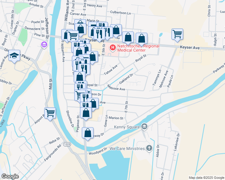 map of restaurants, bars, coffee shops, grocery stores, and more near 507 Melrose Avenue in Natchitoches
