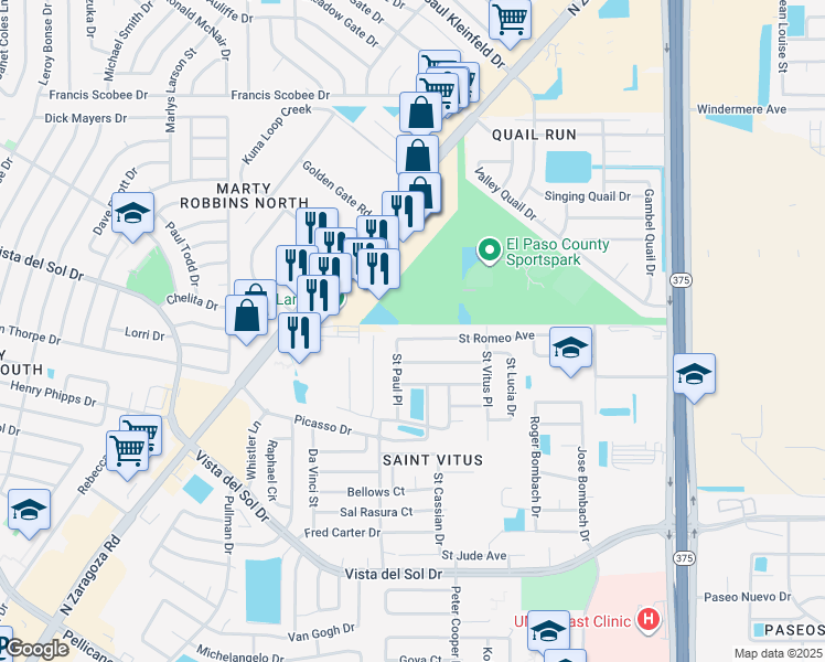 map of restaurants, bars, coffee shops, grocery stores, and more near 12109 Saint Romeo Avenue in El Paso